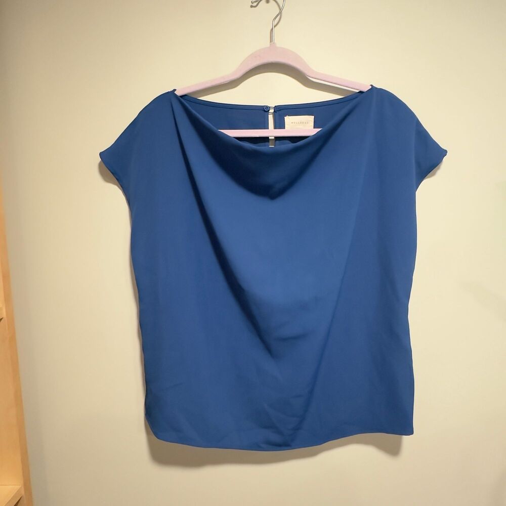 Melloday Blue Draped Neck Blouse Cap Sleeve Top - L